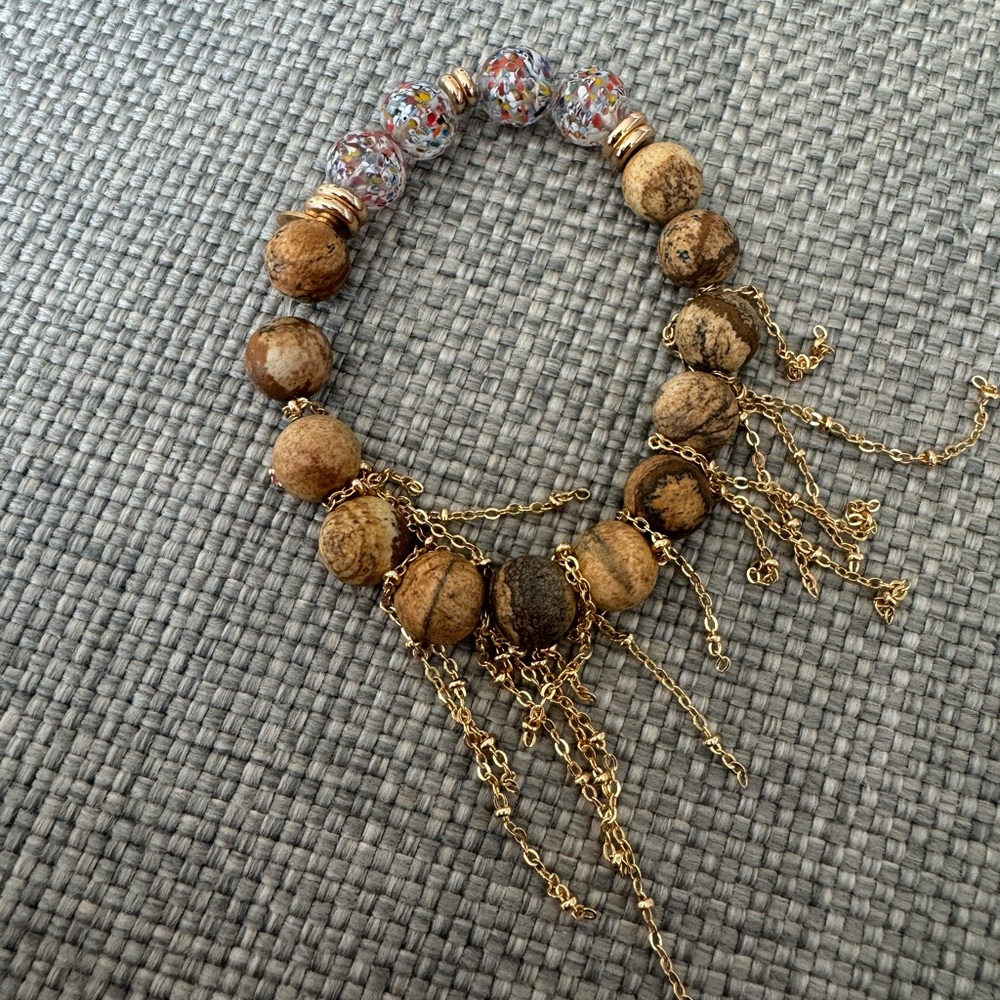 Beaded bracelet with gold fringe by The Lace Project